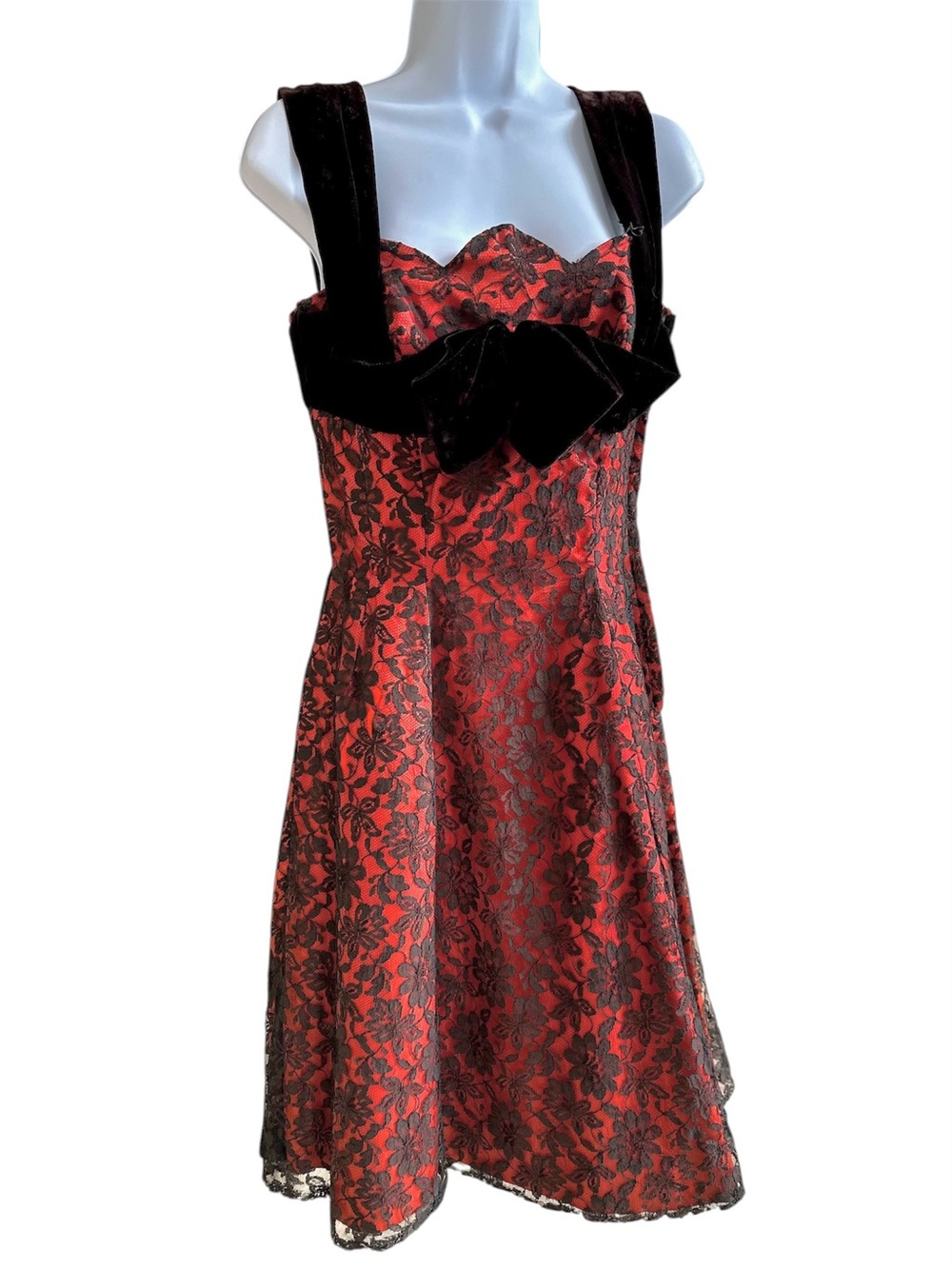 Vintage Gothic Handmade Vampy Red and Black Lace Dress with Velvet Bow
